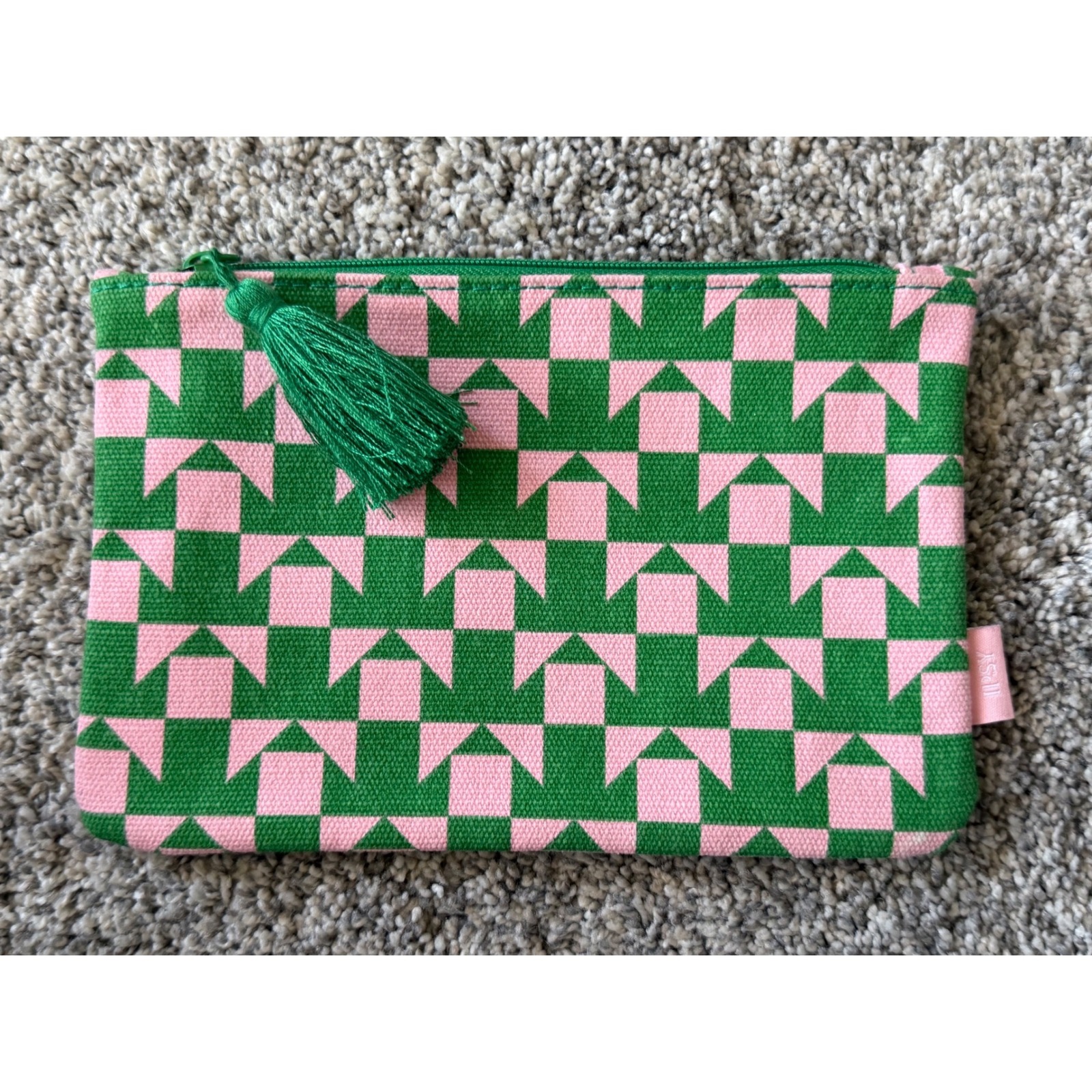 Ipsy Makeup Bag Green Pink Geometric Canvas Pouch Tassel Zipper Cosmetic Case